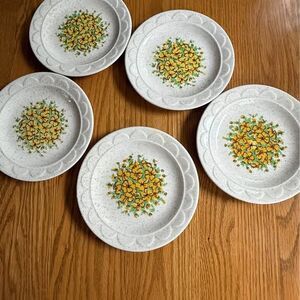 5 Vintage dessert plates small 6.25” beige with yellow flowers Ceramic